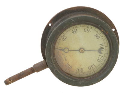 19TH CENTURY CROSBY VALVE CO AMERICAN PRESSURE GAUGE: A 19th century American Crosby brass pressure gauge. The gauge features a round face with a clear glass cover, showcasing an analog dial marked with calibrated pressure readings. The needle is central