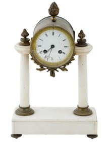 ANTIQUE BRASS AND MARBLE MANTEL CLOCK WITH PILLARS