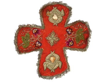 ANTIQUE 19TH C RUSSIAN RELIGIOUS CROSS SHAPED TAPESTRY