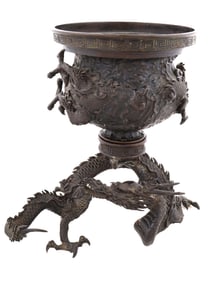 ANTIQUE JAPANESE BRONZE VASE WITH DRAGON STAND