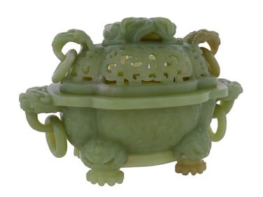 ANTIQUE CHINESE JADE DRAGON CENSER WITH LID