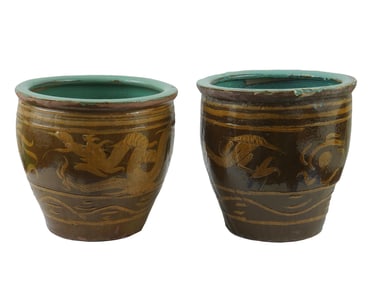 TWO LARGE CHINESE GLAZED DRAGON EGG POT PLANTERS