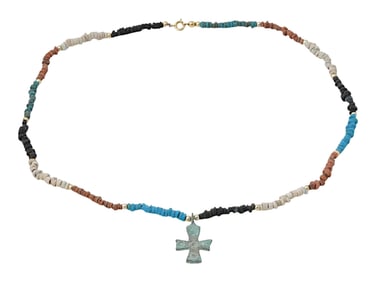 ANCIENT EGYPTIAN BEADS BYZANTINE CROSS PENDANT NECKLACE