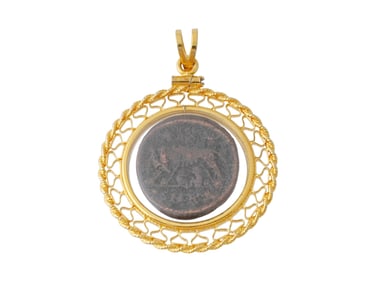 ANCIENT ROMAN BRONZE COIN PENDANT ROMULUS AND REMUS