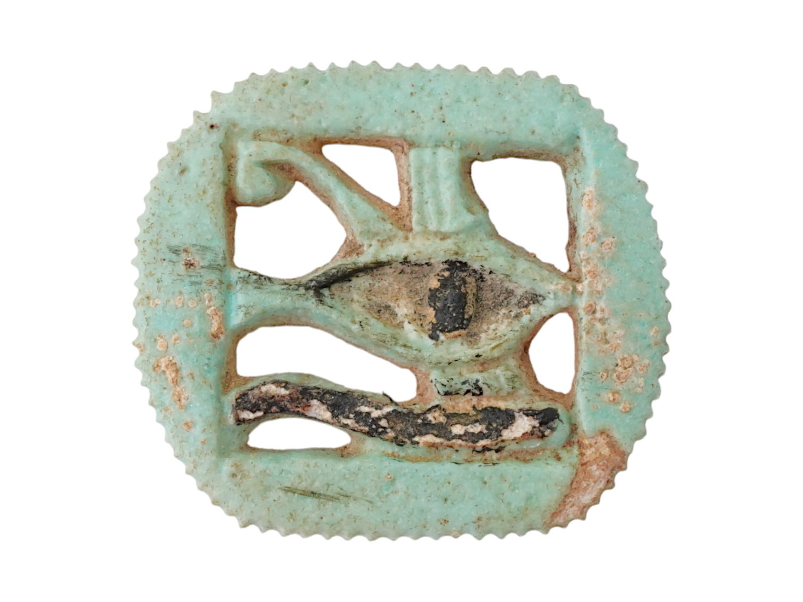 ANCIENT EGYPTIAN RELIGIOUS FAIENCE AMULET EYE OF HORUS: An ancient Egyptian faience amulet depicting the Eye of Horus, dating to the 26th Dynasty, from 663 to 525 BC. The amulet is detailed on both sides, symbolizing protection, health, and restoration. Th