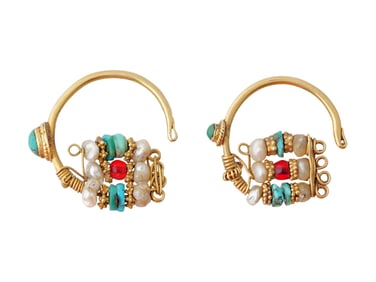 ANCIENT EGYPTIAN 18K GOLD PEARLS GEMSTONES EARRINGS
