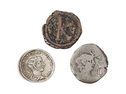 GROUP OF THREE ANCIENT SILVER AND BRONZE COINS: A group of three ancient coins. The group includes a silver double Denari coin with a portrait and a standing soldier with the sanscriptions to the edge, on the reverse, circa 200 AD. The lot also inc