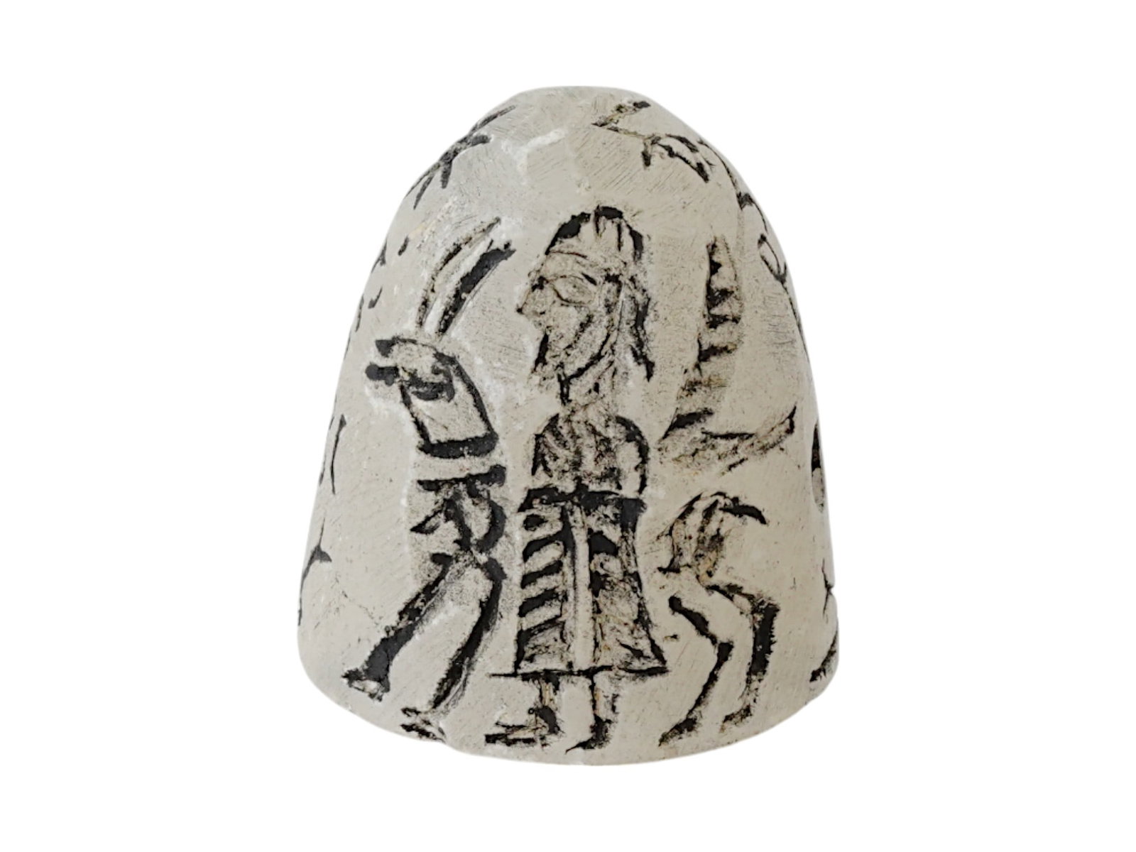 ANCIENT PERSIAN SASANIAN AGATE STAMP SEAL 500 AD: An ancient Persian Sasanian carved agate stone stamp seal of rounded dome shape with a drilled hole. Adorned with an engraved image of animals and male figures. Circa 500 AD. Museum Pieces, Ancient Pe