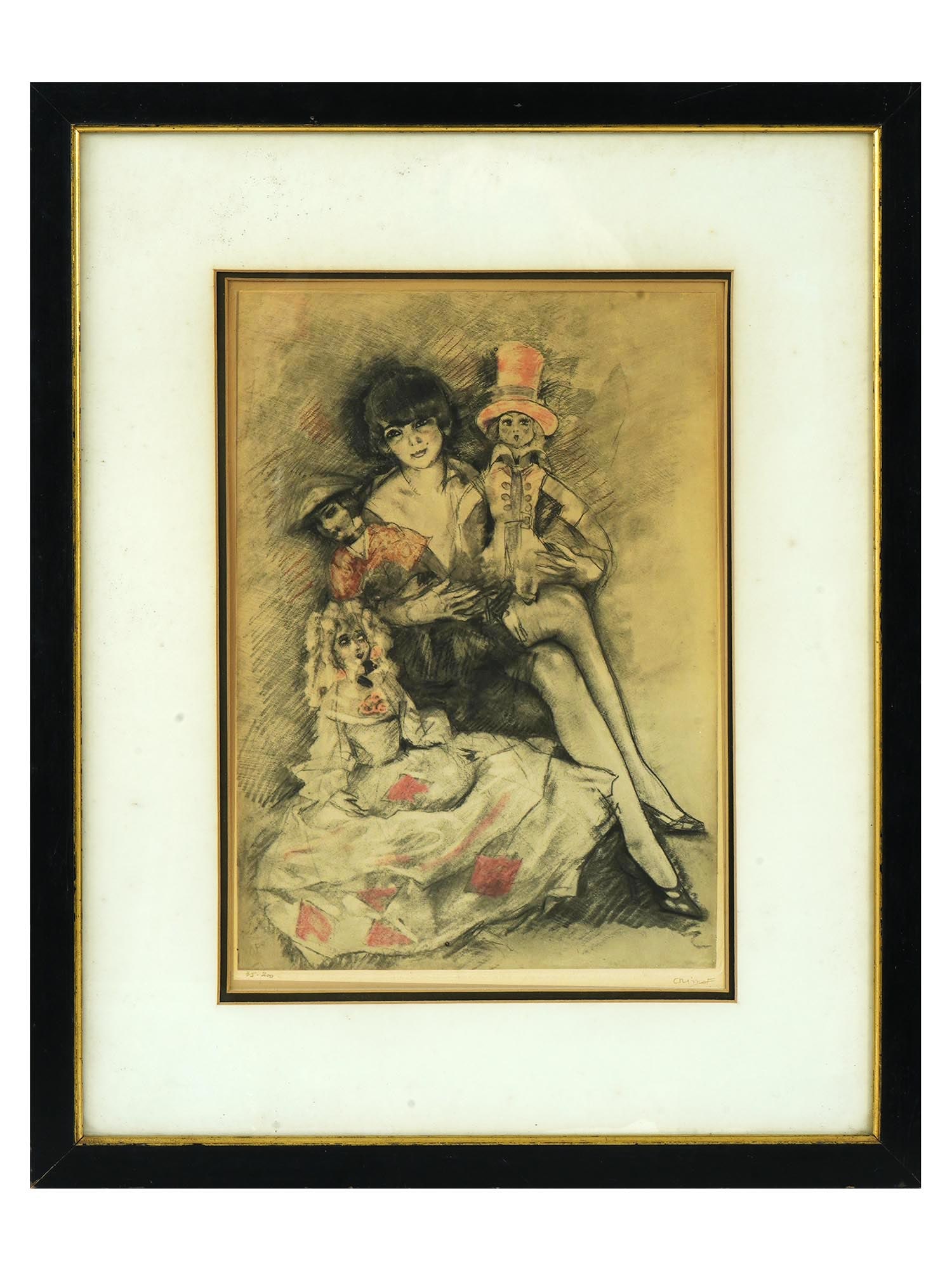 ART DECO FRENCH COLORED ETCHING BY EDOUARD CHINOT: Hand-colored etching on paper by Eduoard Chinot, 1880 to 1956, a French artist known for his erotic illustrations of the 1920s. The artwork depicts a portrait of a woman with puppets and dolls. Signed