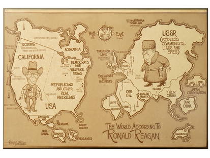 DAVID HORSEY LITHOGRAPH RONALD REAGAN WORLD MAP: Monochrome lithograph on paper by David Horsey, born 1951, an American Pulitzer-winning cartoonist and commentator. The artwork is a map offering a liberal caricature of Ronald Reagans Cold War world