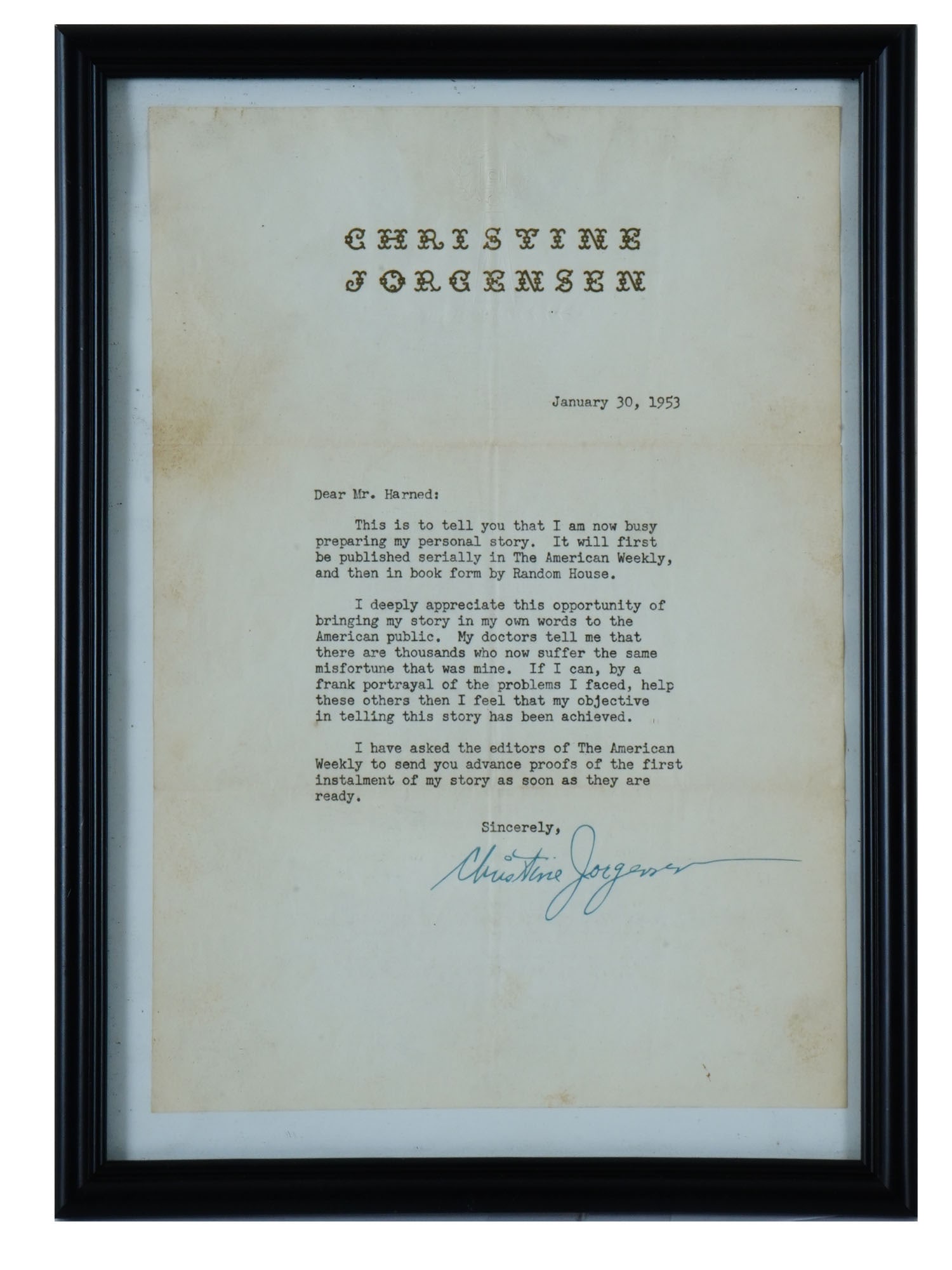 CHRISTINE JORGENSEN 1953 SIGNED PERSONAL LETTER: A typewritten letter by Christine Jorgensen, 1926 to 1989, an American actress and singer, transwoman known as the first person to become widely known in the United States for having SRS. The letter, 