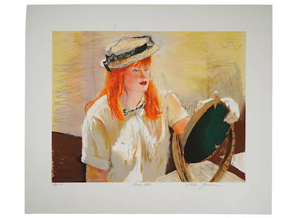 AMERICAN LIMITED EDITION LITHOGRAPH BY RHODA YANOW: An American limited edition lithograph by Rhoda Yanow. The lithograph depicts a portrait of a young, red haired girl trying on a straw hat in front of a mirror. Signed in pencil lower right. Titled St