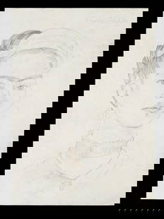 ATTR TO FRIDA KAHLO SELF PORTRAIT PENCIL PAINTING: Pencil on paper drawing. Attributed to Frida Kahlo, 1907 to 1954, a Mexican Surrealist artist, spouse of Diego Rivera. The artwork represents the painters self portrait. Circa: 1935 to 1940. Signed up