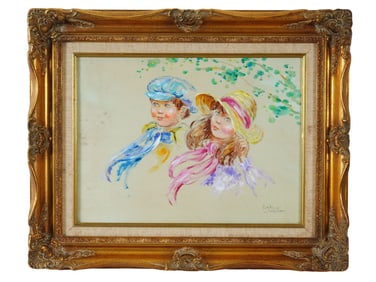 VINTAGE CHILDRENS PORTRAIT PAINTING ON SILK SIGNED