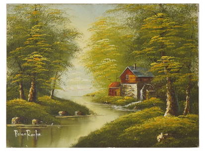 BRIAN ROCHE AMERICAN LANDSCAPE OIL PAINTING: Oil on canvas painting by Brian Roche, a contemporary American artist. The artwork depicts a rural scenery, a river with a water mill. Signed by the artist in the lower left. Collectible Fine Art And