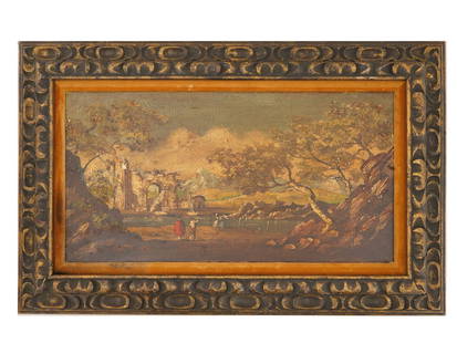 ANTIQUE RUIN LANDSCAPE OIL PAINTING FRAMED: Oil on canvas painting depicting a landscape with ruins of ancient architecture. In the manner of Italian 17th-century art. Unsigned. Framed. Old Masters Painting, Collectible European Fine Art.