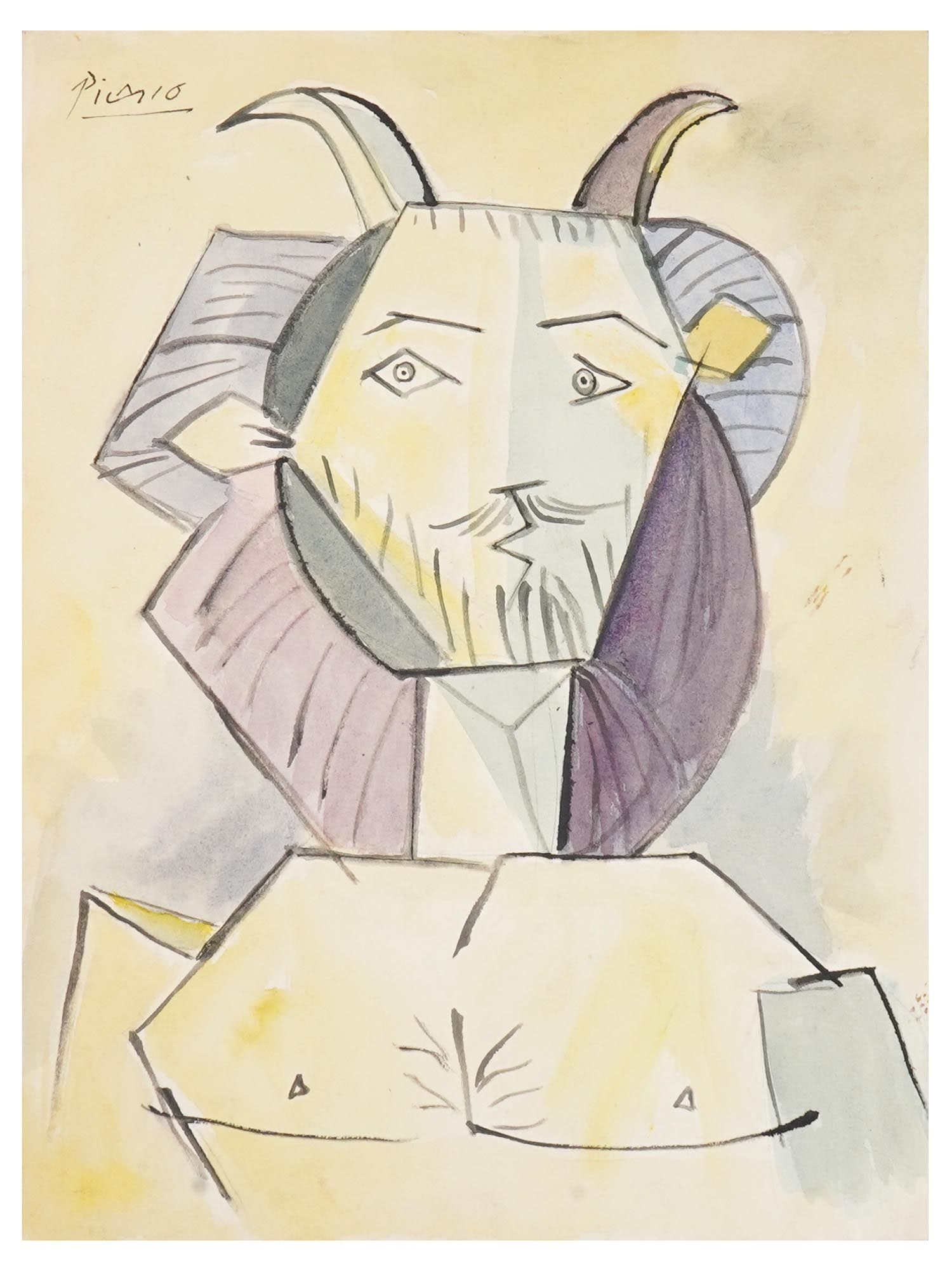 SPANISH MODERNIST PAINTING AFTER PABLO PICASSO: Ink and watercolor painting on paper. After the 1946 artwork titled Le Faune Au Manteau Violet by Pablo Picasso, 1881 to 1973, a Spanish Modernist artist. The piece depicts a portrait of a faun. Signe
