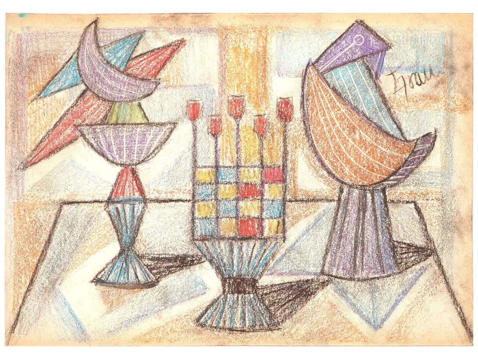 ABSTRACT STILL LIFE PASTEL PAINTING SIGNED GRAU (1 of 4)