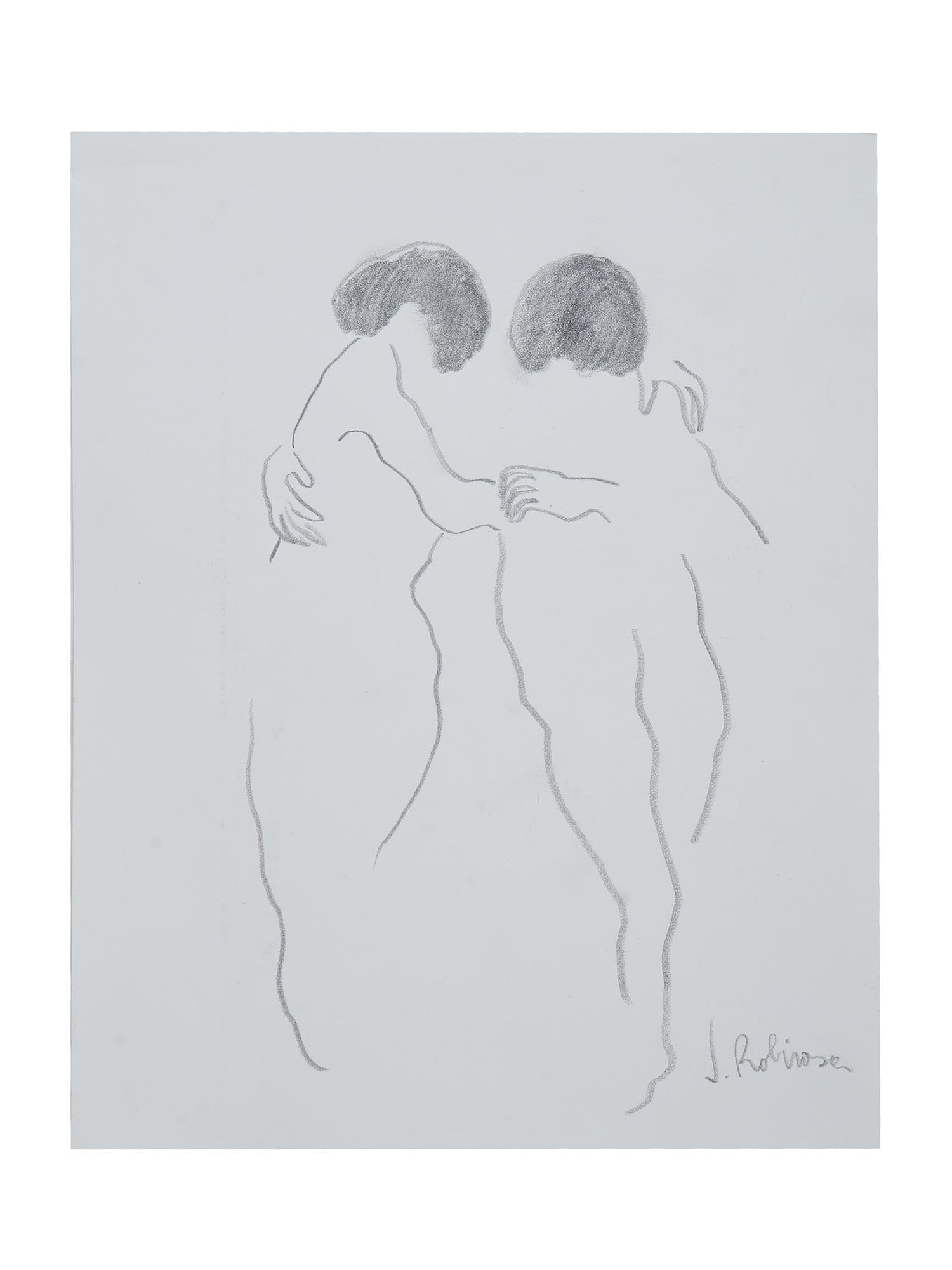 ARGENTINE PENCIL PAINTING SIGNED JOSEFINA ROBIROSA: A pencil painting on paper depicting a Figurative portrait of a dancing couple. Signed, J. Robirosa, lower right. Josefina Robirosa, Argentinian, 1932 to 2022, was an artist known for her paintings, m