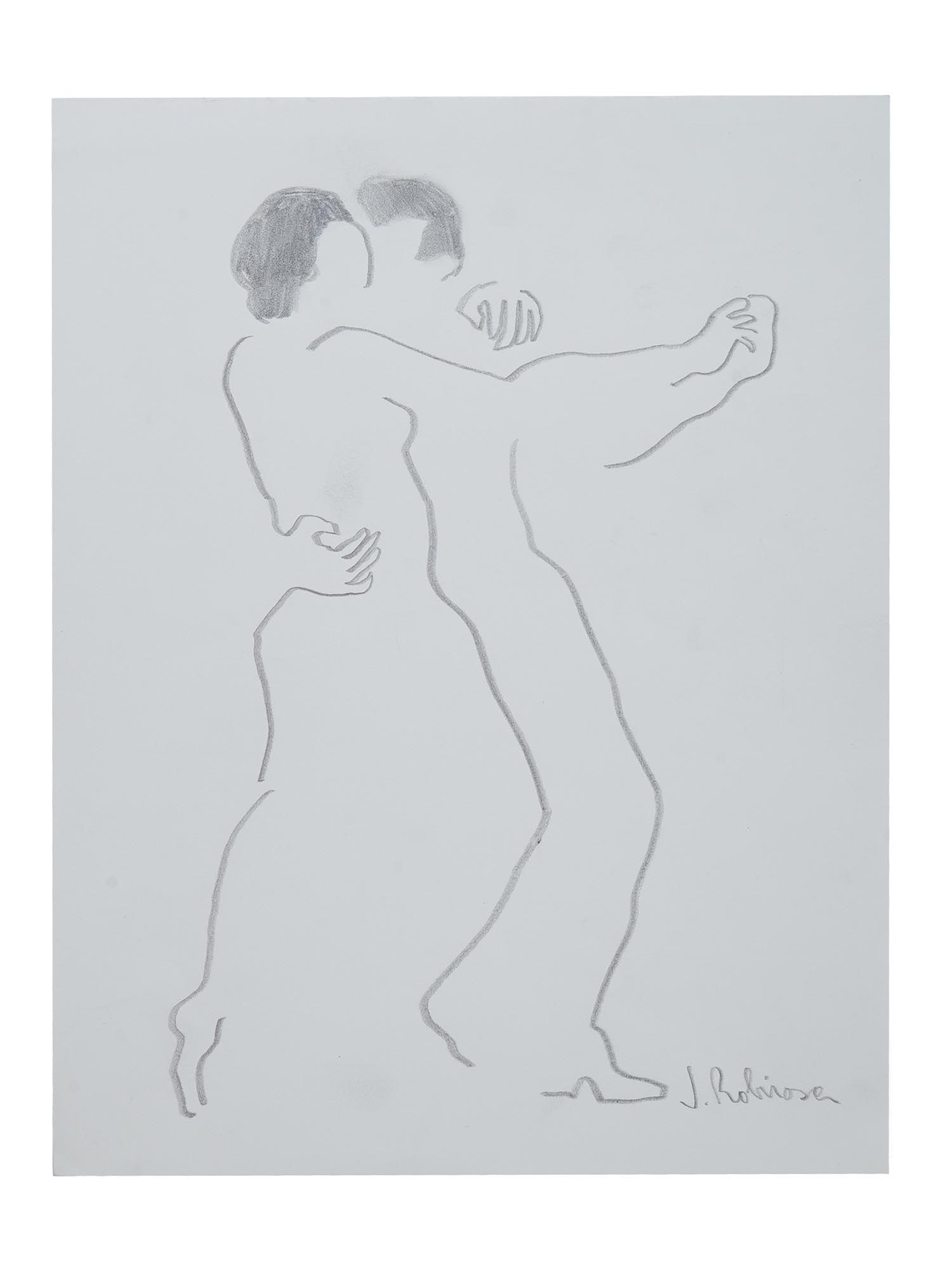 ARGENTINE PENCIL PAINTING SIGNED JOSEFINA ROBIROSA: A pencil painting on paper depicting a Figurative portrait of a dancing couple. Signed, J. Robirosa, lower right. Josefina Robirosa, Argentinian, 1932 to 2022, was an artist known for her paintings, m