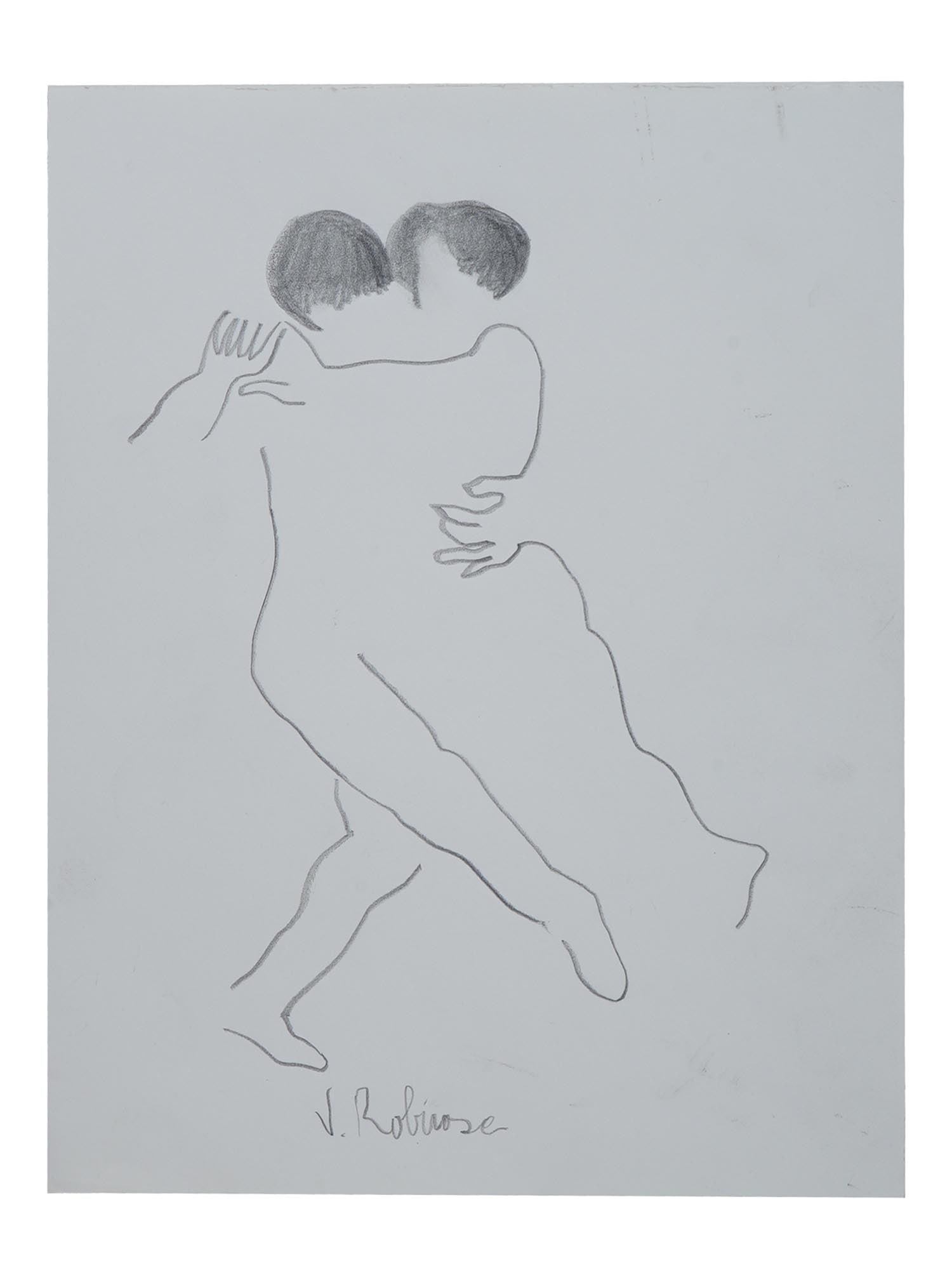 ARGENTINE PENCIL PAINTING SIGNED JOSEFINA ROBIROSA: A pencil painting on paper depicting a Figurative portrait of a dancing couple. Signed, J. Robirosa, lower to the center. Josefina Robirosa, Argentinian, 1932 to 2022, was an artist known for her pain