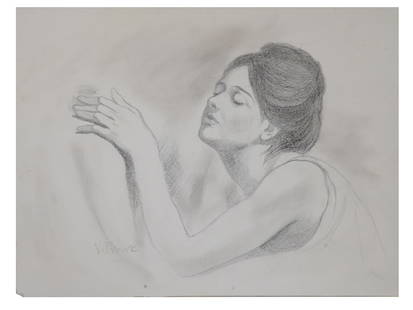 FRENCH PENCIL CHARCOAL PAINTING SIGNED VICTOR PROUVE: A mixed media, pencil and charcoal, painting on paper depicting a female portrait. Signed, V. Prouve, lower left. Victor Prouve, French, 1858 to 1943, is known for Art Nouveau portrait painting, decor