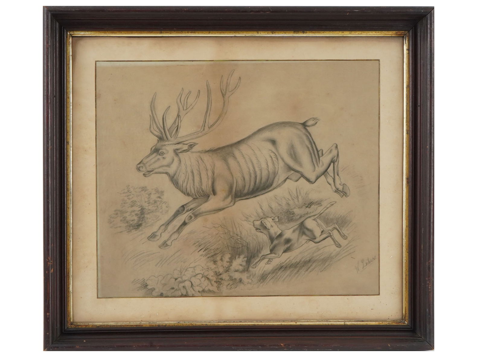 HUNTING SCENE PENCIL PAINTING SIGNED BY THE ARTIST (1 of 5)