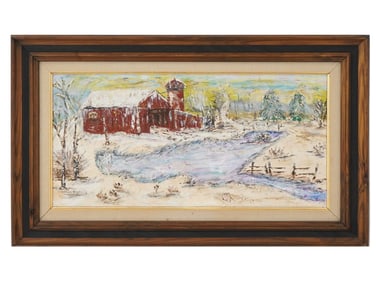 VINTAGE WINTER RURAL LANDSCAPE OIL PAINTING SIGNED