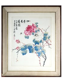 CHINESE FLOWERS INK AND WATERCOLOR PAINTING SIGNED