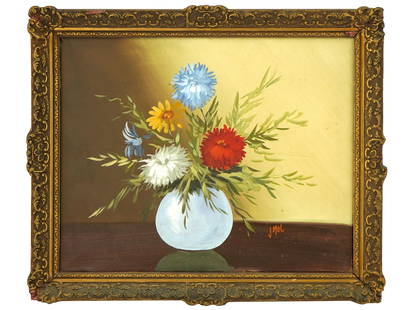 DUTCH STILL LIFE FLOWERS OIL PAINTING ON CANVAS: A Dutch still life oil painting on canvas. The bright painting shows a bouquet of flowers in a round white vase on a table. Signed J Mol lower right. Made in Holland and Holamex Artist stamp on the ba