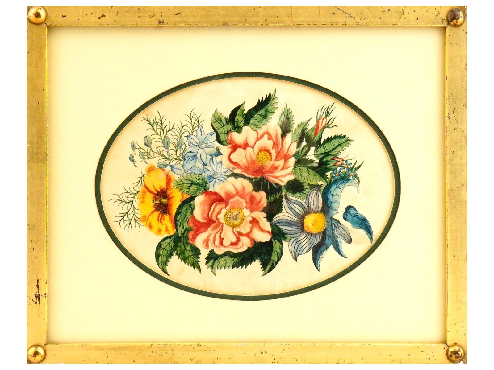 MID 19TH C FRENCH STILL LIFE WATERCOLOR PAINTING: An antique French watercolor painting on paper depicting a still life with blossoming flowers. Unsigned. Circa: Mid 19th century. Framed. Antique and Vintage European Still Life Paintings, Wall Art, a