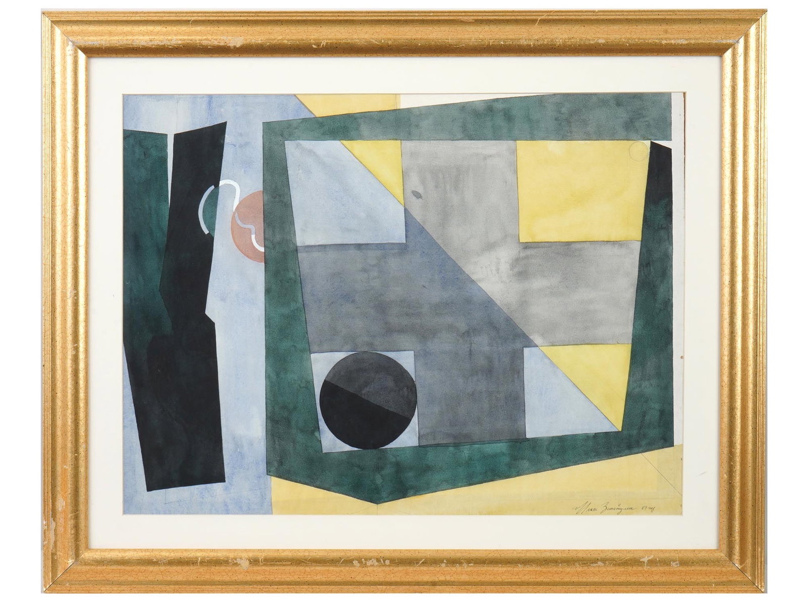 ABSTRACT RUSSIAN PAINTING BY ILIAS ZINATULIN 1987: A Russian mixed media painting on paper by Ilias Zinatulin, Russian, born 1968. The artwork depicts an abstract geometric composition. Signed in Cyrillic and dated 87 on the lower right. Matted and fr