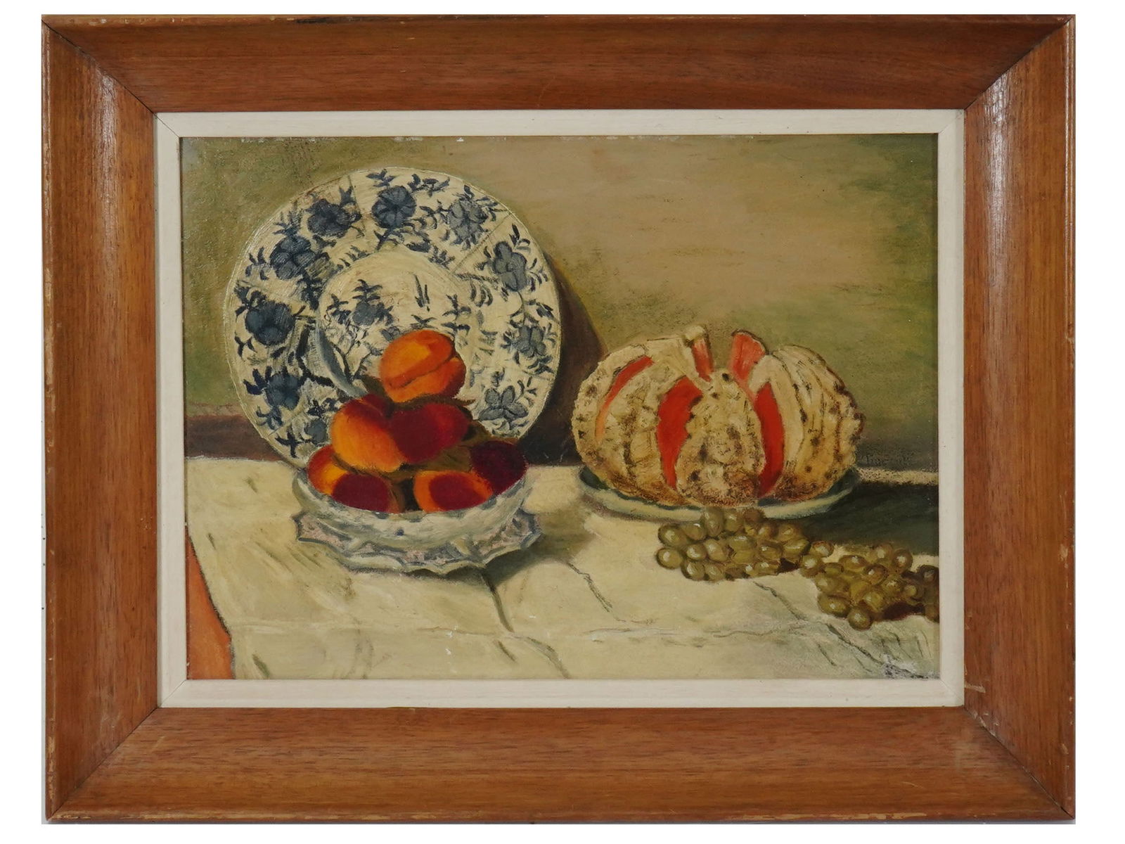 IMPRESSIONIST FRENCH OIL PAINTING AFTER CLAUDE MONET: An oil painting on board depicting an Impressionist still life with fruits and table wares after the original oil painting, Still Life with a Melon, by Claude Monet, French, 1840 to 1926. Framed. Osca