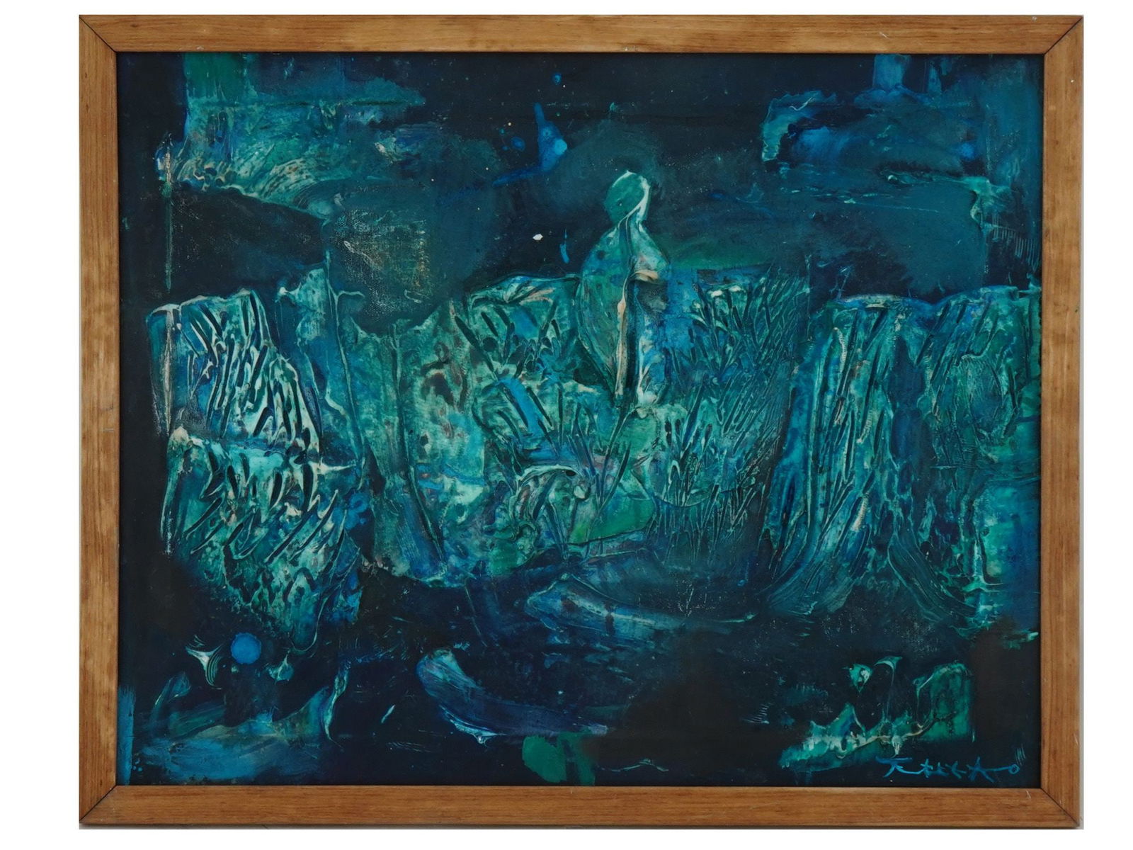 MID CENTURY ASIAN ABSTRACT OIL PAINTING SIGNED: A mixed media painting on canvas depicting an abstract composition. Impasto technique. Signed with Calligarphy lower right. Framed. Additionally inscribed with Calligraphy and in Latin, stamped, on th