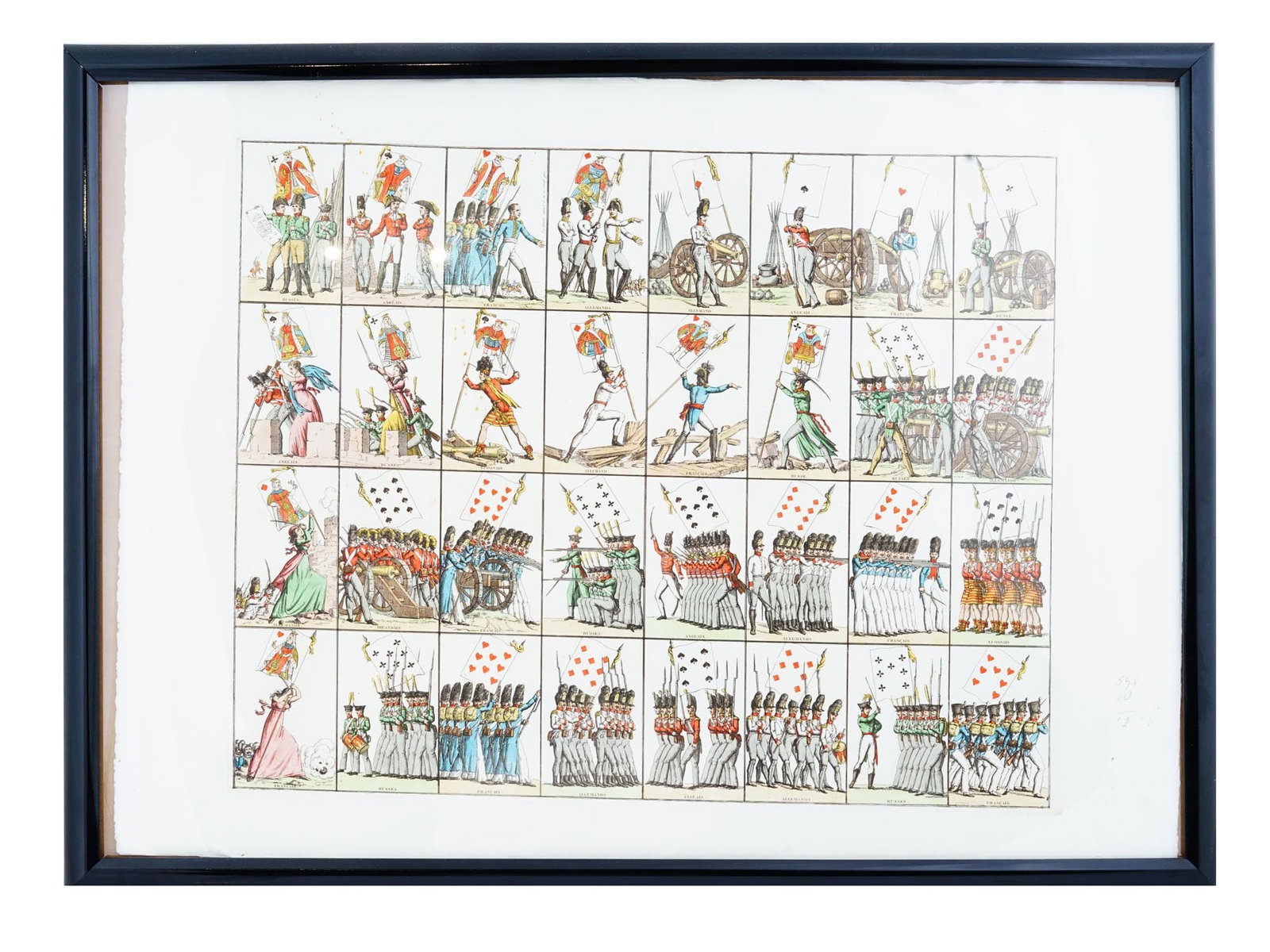 VINTAGE WAR 1812 PLAYING CARDS DESIGN PAINTING: A vintage painting on paper with a design of playing cards depicting the armies of different countries, France, Russia, Germany, and England, inspired by the war of 1812. Each suit of Clubs, Spades, D