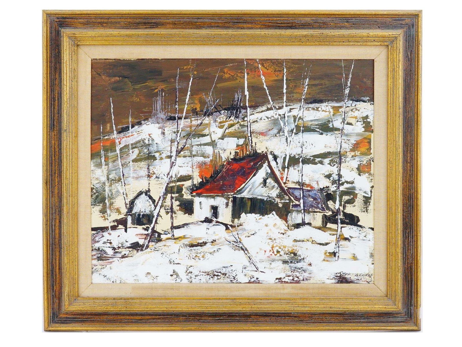 VINTAGE OIL ON CANVAS WINTER LANDSCAPE PAINTING: A vintage oil on canvas winter landscape painting. The painting depicts a forest winter landscape with a red roof house in the center. Signed George lower right. Matted and framed. Collectible Figurat