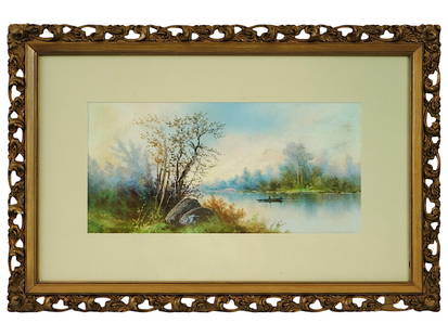 MODERN EUROPEAN SCHOOL LANDSCAPE PASTEL PAINTING: An early 20th-century Modern European School pastel painting on paper depicting a river landscape scene in the Post Impressionist manner. Unsigned. Fine gilt ornate frame with pierced details. Modern