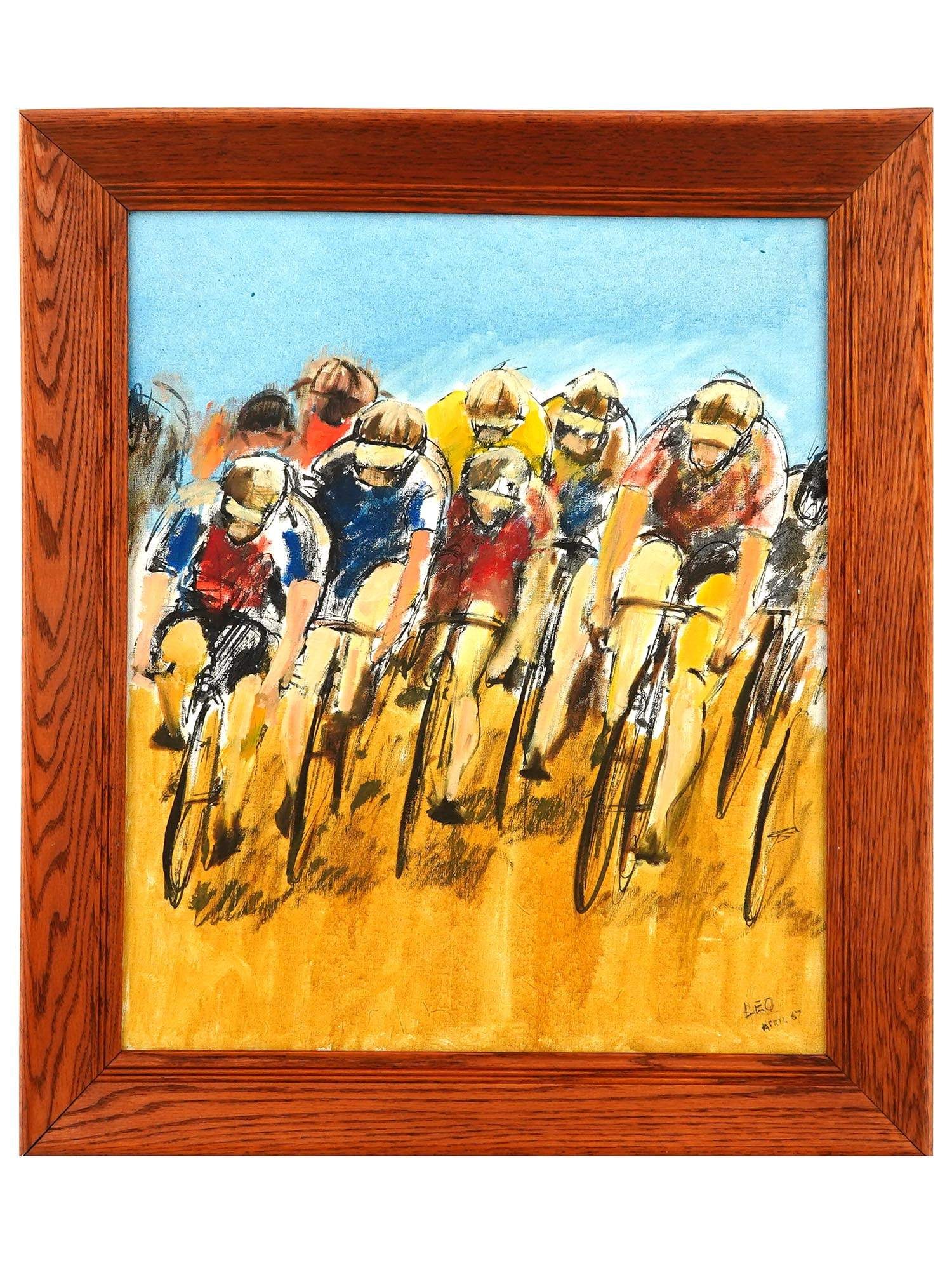 VINTAGE OIL CYCLING RACE PAINTING SIGNED LEO 1967 (1 of 4)