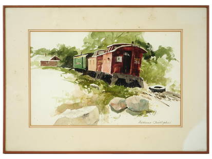 AMERICAN LAVERNE CHRISTOPHER WATERCOLOR PAINTING: A vintage American watercolor painting by LaVerne Christopher titled Retired Caboose. The fine painting depicts a rural landscape with an abandoned train at the end of the line. Signed by the artist l