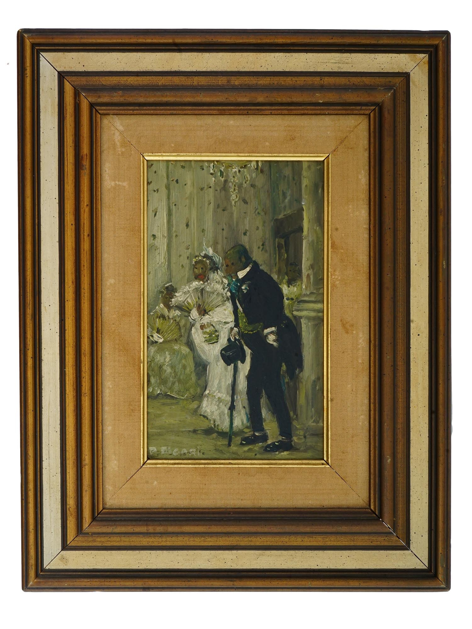 URUGUAYAN WEDDING OIL PAINTING AFTER PEDRO FIGARI: A vintage Uruguayan oil painting on canvas after Pedro Figari. The painting depicts a wedding scene between a man in a tuxedo and a woman in a fluffy white dress with a fan and veil. Signed lower left