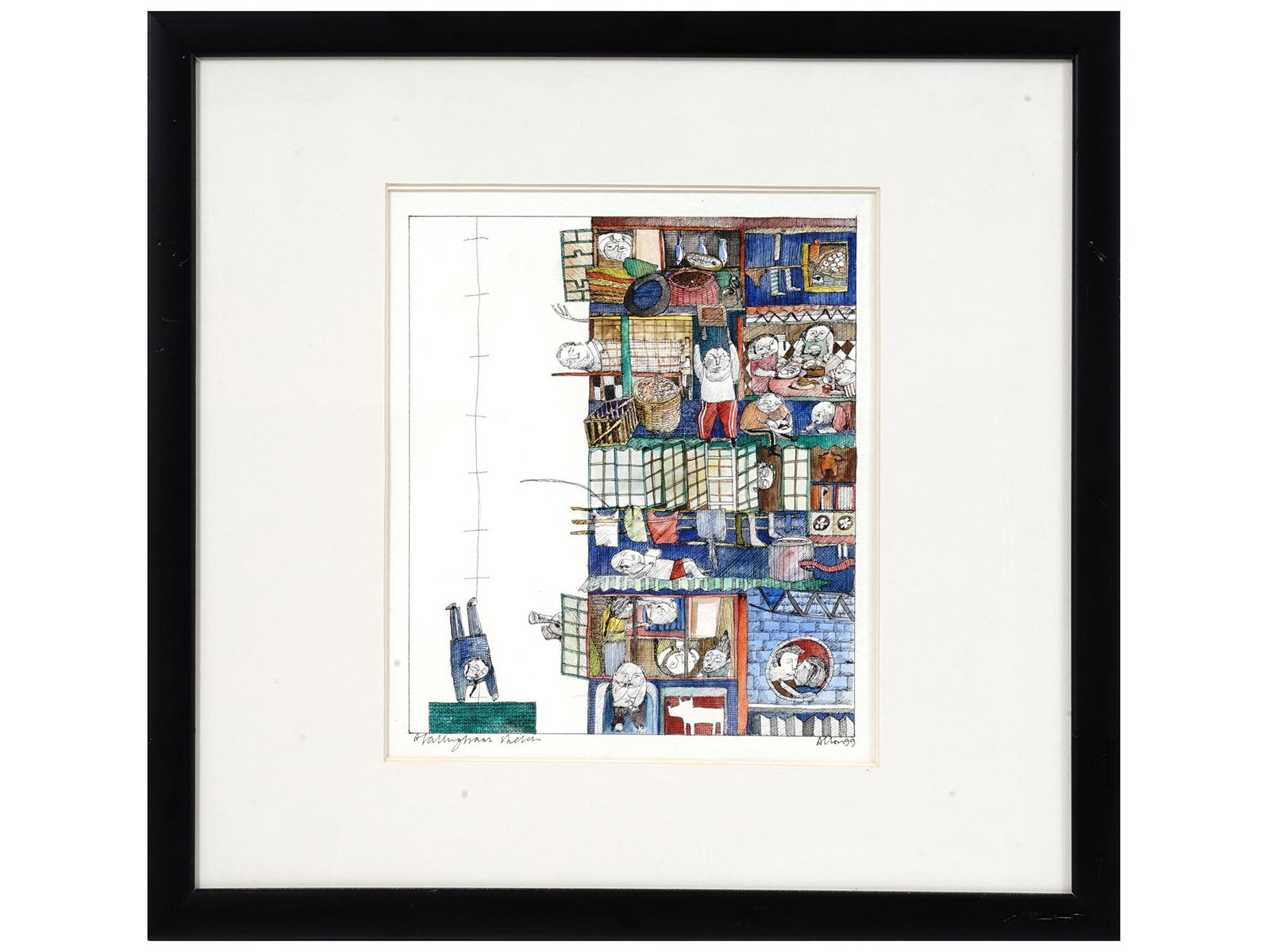 ATTR TO ALLEN CUNNINGHAM ILLUSTRATION PAINTING: Attributed to Allen W. Cunningham, Contemporary American artist, ink and watercolor painting on paper depicting an illustration with many characters, 1999. The illustration is made in the manner of Fr