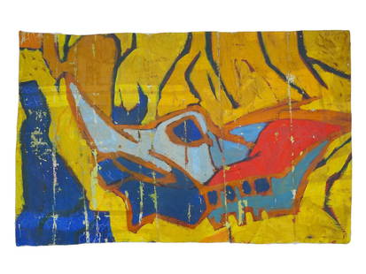MID CENTURY ABSTRACT OIL PAINTING BY S. JUSHIR: Oil on canvas painting. American, mid-20th century The artwork is an abstract composition with a mask executed in primary colors. Signed by the artist, S. Jushir, and dates 1953 in the upper right. Co