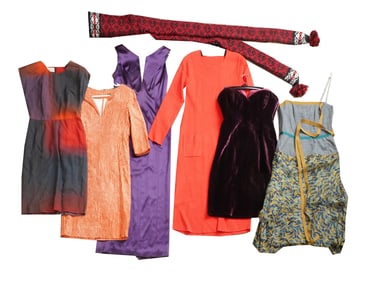 ASSORTED VINTAGE DESIGNER DRESSES AND SCARF