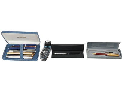 VARIOUS VINTAGE PENS MULTIPLE BRANDS AND MONT BLANC INK: A collection of various vintage pens from multiple brands, some presented in their cases, accompanied by a bottle of Mont Blanc ink. The assortment includes a range of styles and makers. Vintage Writi