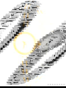 RAYMOND WEIL PARSIFAL STAINLESS STEEL WRISTWATCH: A vintage womens stainless steel wristwatch by Raymond Weil. Parsifal collection. Water resistant. Gilt details. Round case, relief bezel, single crown. White dial with crystal index. Link bracelet. C