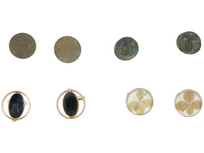 FOUR PAIRS OF VINTAGE COSTUME JEWELRY CUFFLINKS: A group of four pairs of vintage costume jewelry cufflinks. Two pairs of cufflinks are inspired by antique European bronze coins. One pair is marked PAT.2472958 on the clasp. Also included in the lot