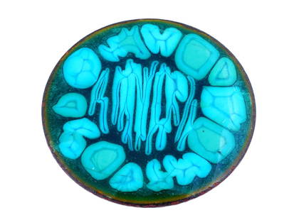 VINTAGE FRENCH ENAMEL JEWELRY PLAQUE: A vintage French enameled plaque of round shape intended as a brooch base. Abstract blue design. Unmarked. Statement Costume Jewelry, Lapel Accessories. THIS LOT QUALIFIES FOR A 30-DAY UNCONDIT