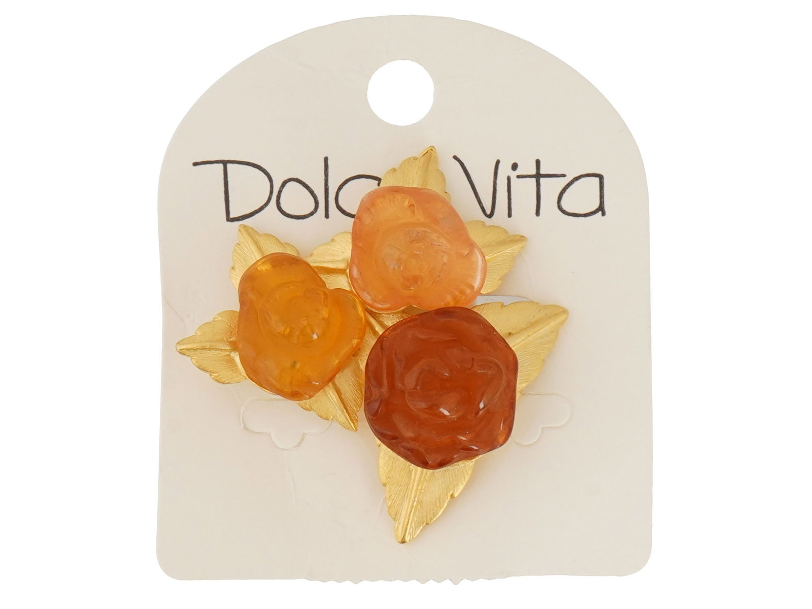 RARE FRENCH DOLCE VITA PARIS COSTUME JEWELRY BROOCH: A rare French costume jewelry brooch by Dolce Vita Bijoux and Accessories, Paris. The brooch is decorated with three relief rose flowers in red, orange and pink shades. Marked with an impressed stamp,