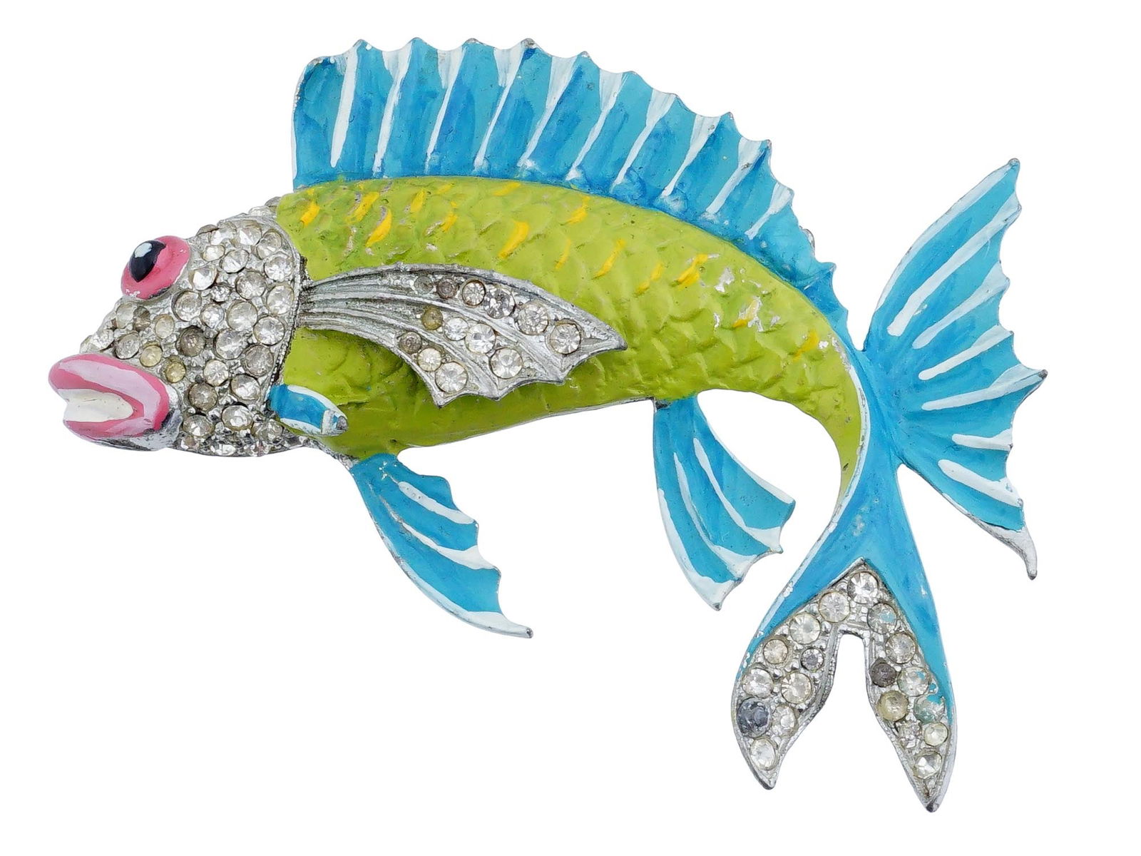 MODERN ENAMEL FISH FIGURAL COSTUME JEWELRY BROOCH: A Modern figural metal costume jewelry brooch. The brooch is made in the fish design. The brooch is hand enamelled and encrusted with faux gemstones. Vintage and Modern Jewelry Wares and Accessories F