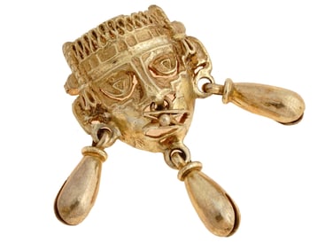 VINTAGE GILT SILVER AZTEC MASK WITH DANGLES BROOCH